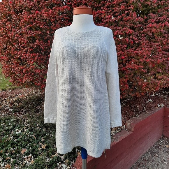 J. Jill Raglan Long Sleeve Waffle Contrast Super Soft Sweater Longline Tan Med - Picture 3 of 11